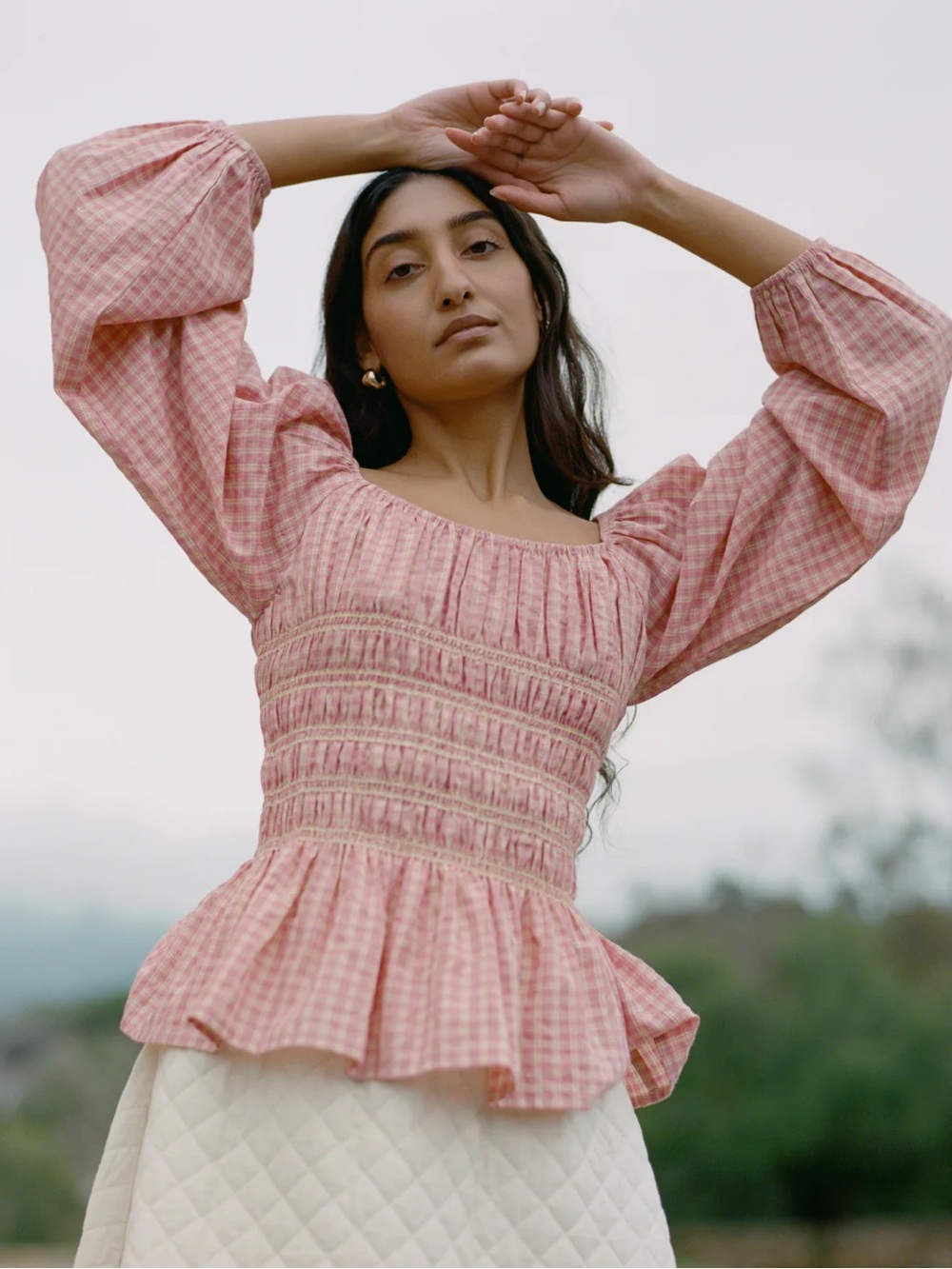 NWT Loeffler Randall Julietta Gathered Top (pink plaid)
